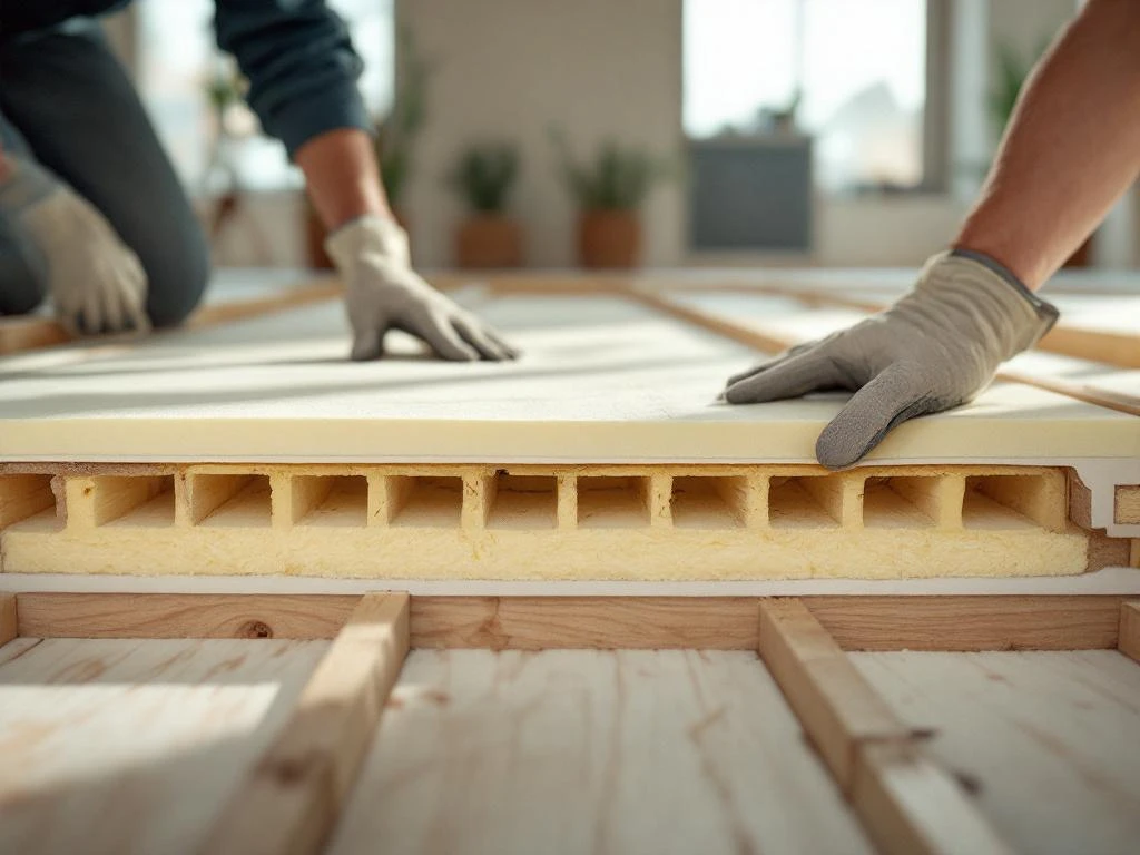 Persoon installeert isolatieschuim tussen vloerbalken onder houten vloer tijdens renovatie met natuurlijk licht