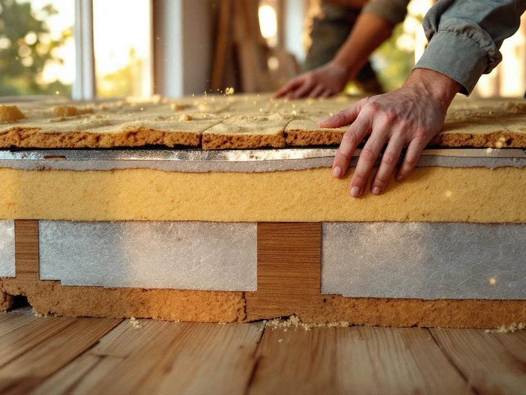 Doorsnede van moderne woningfundatie met isolatiematerialen, bouwvakker installeert isolatiepaneel onder hardhouten vloer