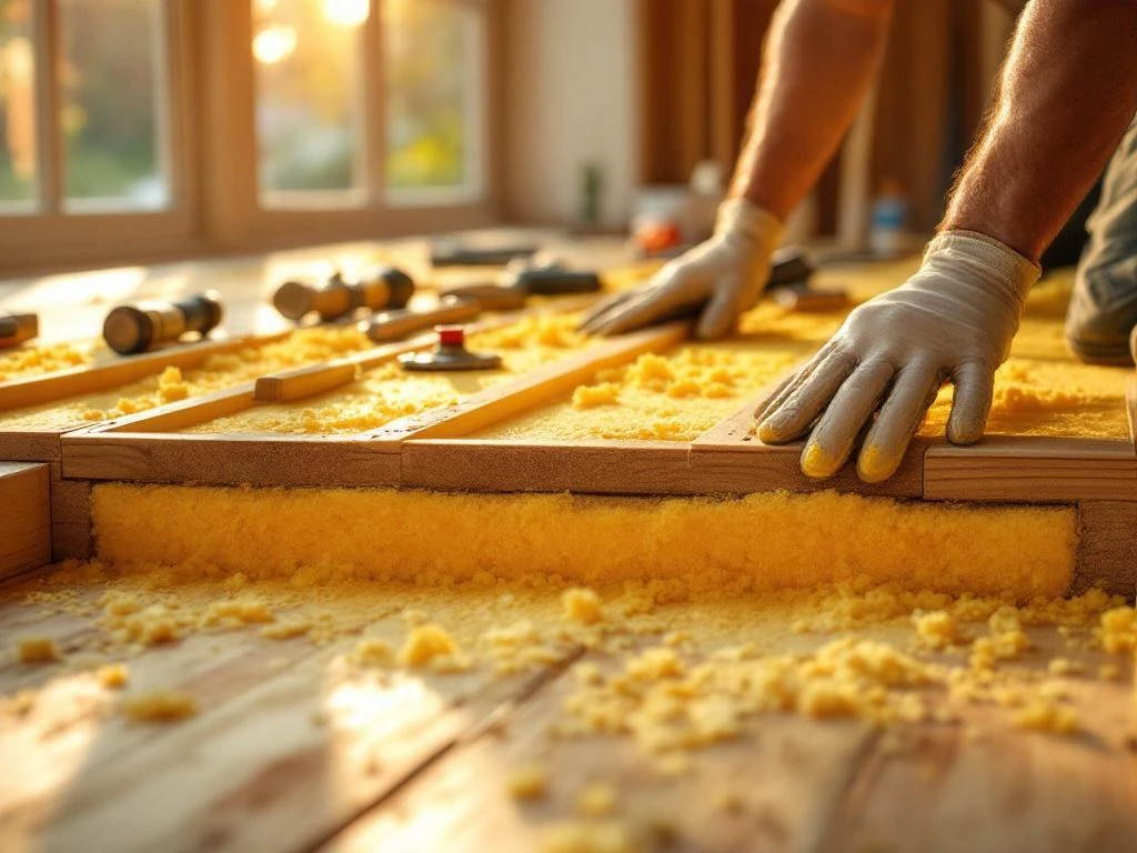 Handen in werkhandschoenen installeren gele isolatieschuim onder houten vloer met gereedschap op ondergrond