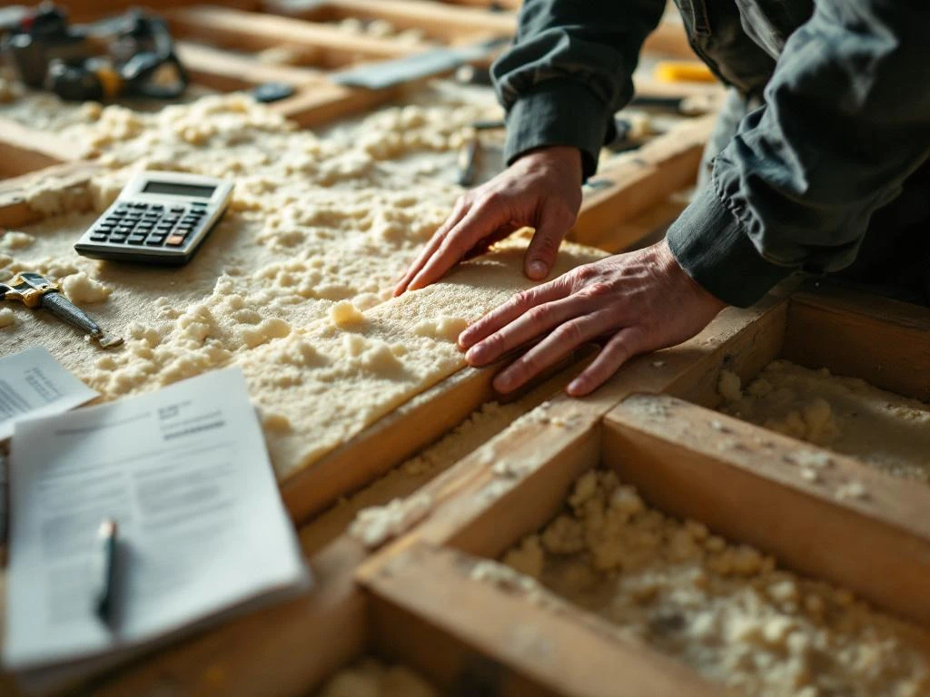 Handen installeren dikke isolatiepanelen onder houten vloerbalken in kelder, subsidiedocumenten op werkbank