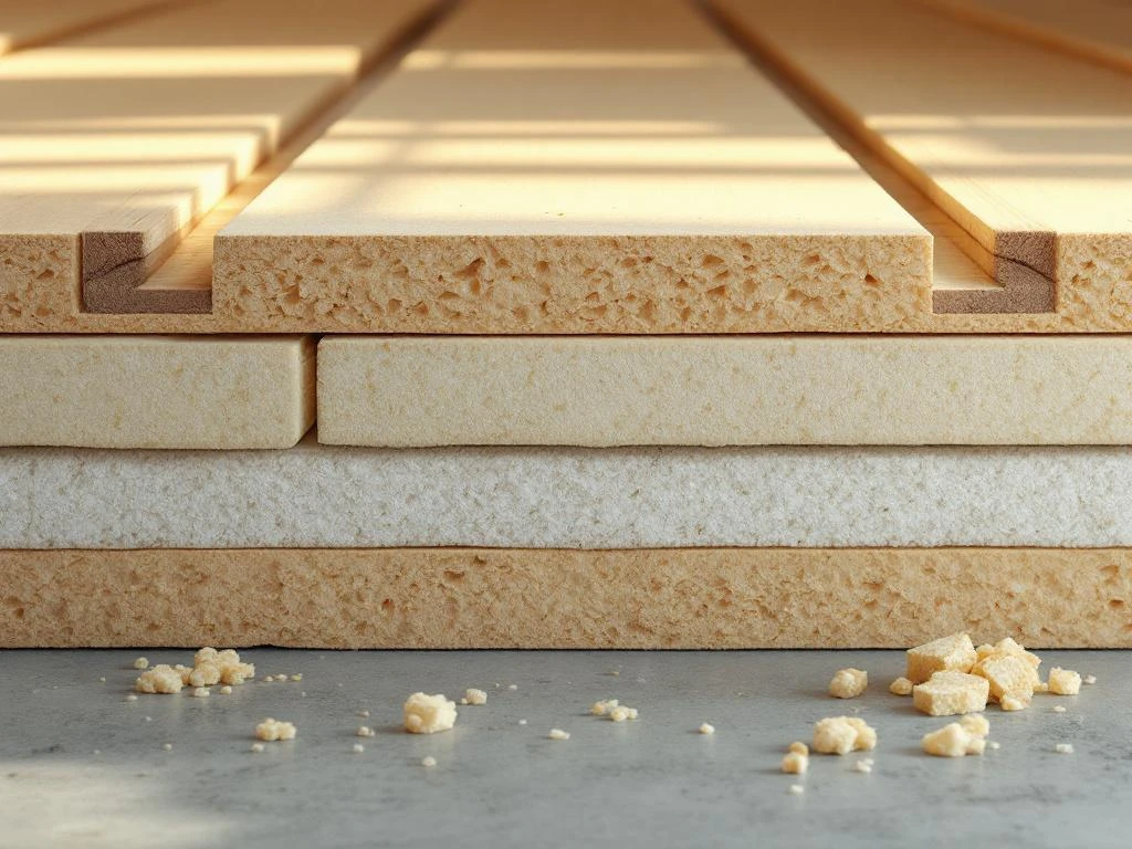 Doorsnede van moderne vloerisolatie met gelaagde eco-vriendelijke schuimpanelen en vezelbatts onder houten vloer