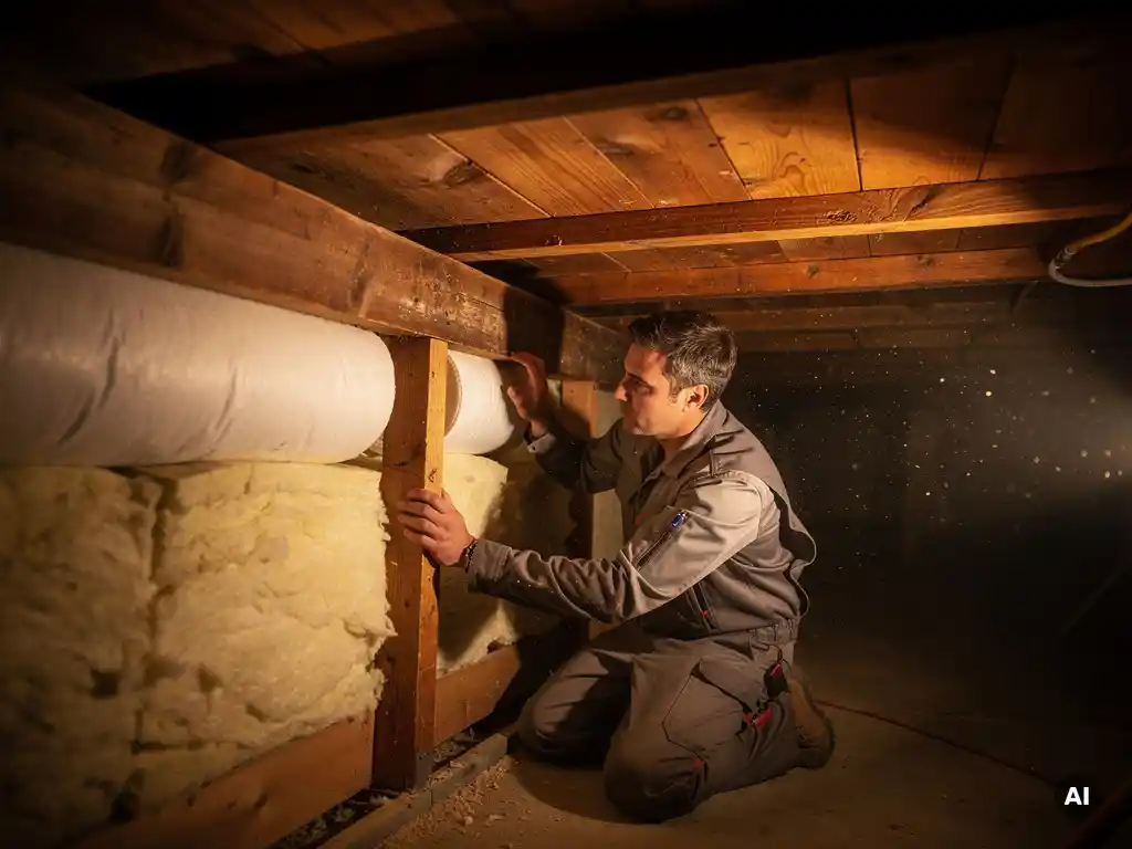 Installateur plaatst minerale wol isolatie tussen eiken vloerbalken in een smalle kruipruimte, verlicht door warm werklicht.