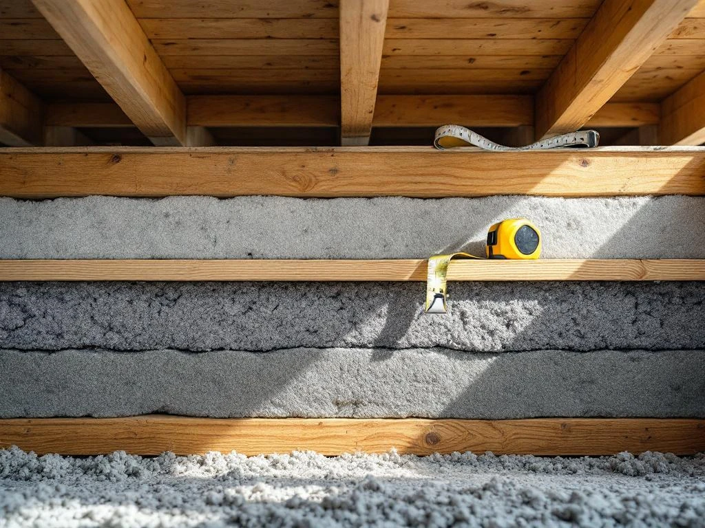 Doorsnede houten vloerstructuur met grijze steenwol isolatie tussen balken en meetlint op balk