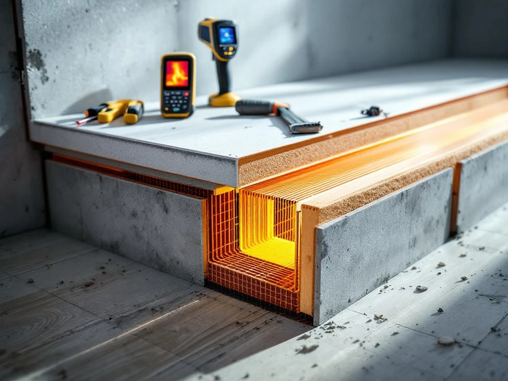 Doorsnede moderne vloerconstructie met isolatielagen, dampschermen en vloerverwarming, thermische camera toont temperatuur