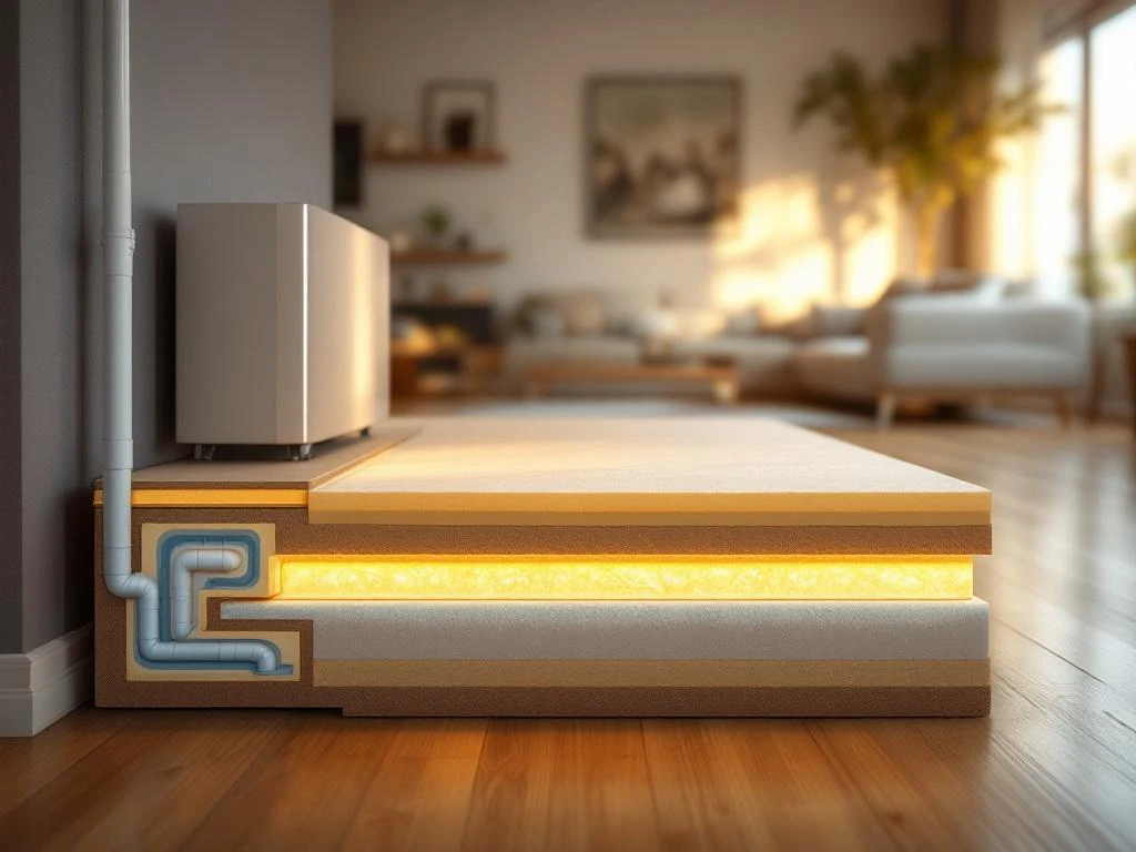 Doorsnede van moderne vloer toont isolatielagen onder houten planken met warmtepomp en leidingen in woonkamer
