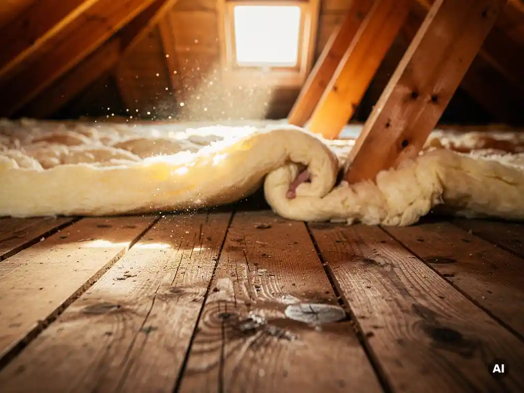 Zoldervloer met houten balken en zachte isolatie die zorgvuldig tussen de planken wordt aangebracht, verlicht door natuurlijk daglicht.