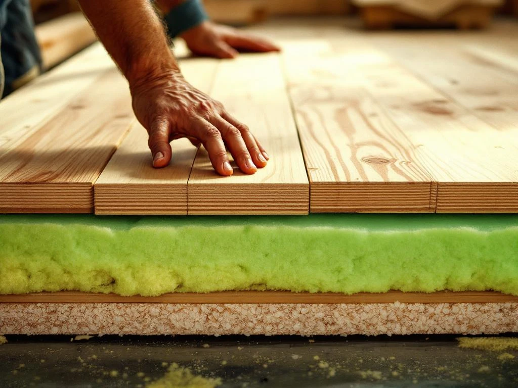 Vakman installeert houten vloerplanken over groene isolatiemateriaal, close-up van handmatige plaatsing tijdens vloerinstallatie