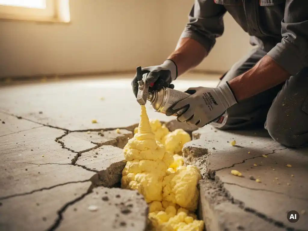 Vakman vult onregelmatige scheur in betonvloer met uitdijend PU-schuim uit spuitbus, close-up in wooninterieur.