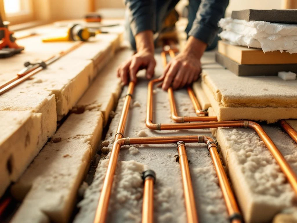 Werknemer plaatst isolatiemateriaal rond koperen vloerverwarmingsbuizen in schuimplaten tijdens installatie