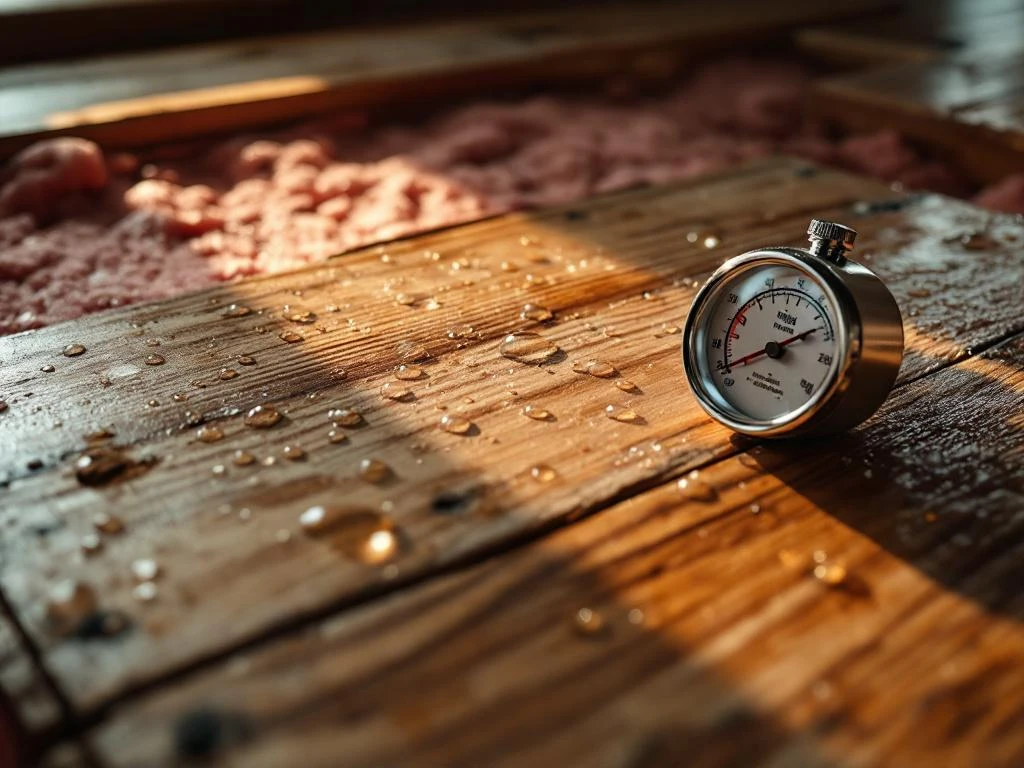 Vochtdruppels onder houten vloerplanken met roze isolatie en hygrometer die luchtvochtigheid meet in kruipruimte