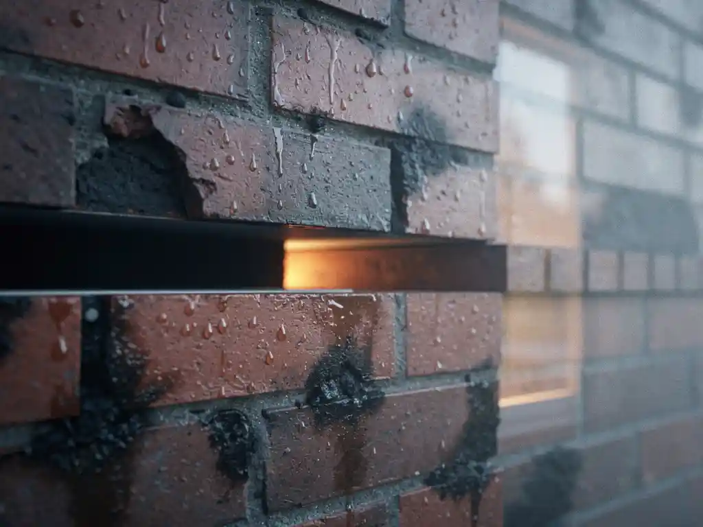 Vochtige bakstenen buitenmuur met condensdruppels, zichtbare spouwlaag en warm raamlicht op koude grijze achtergrond.