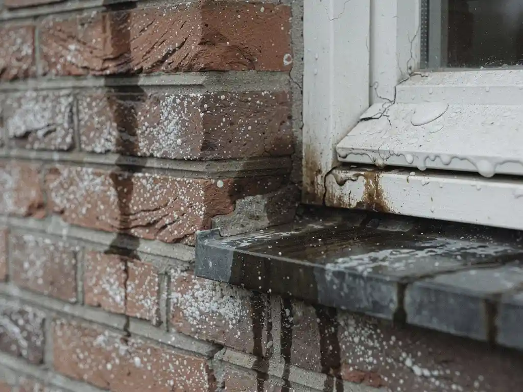 Vochtschade op bakstenen buitenmuur met kalkuitslag, afbladderende verf en donkere vochtplekken rond kozijn.