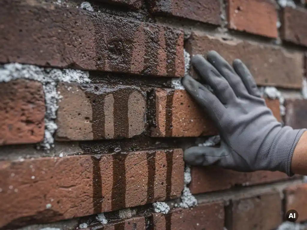 Gehandschoende hand op verweerde bakstenen gevel met vochtplekken en uitbloeiing tussen de voegen.