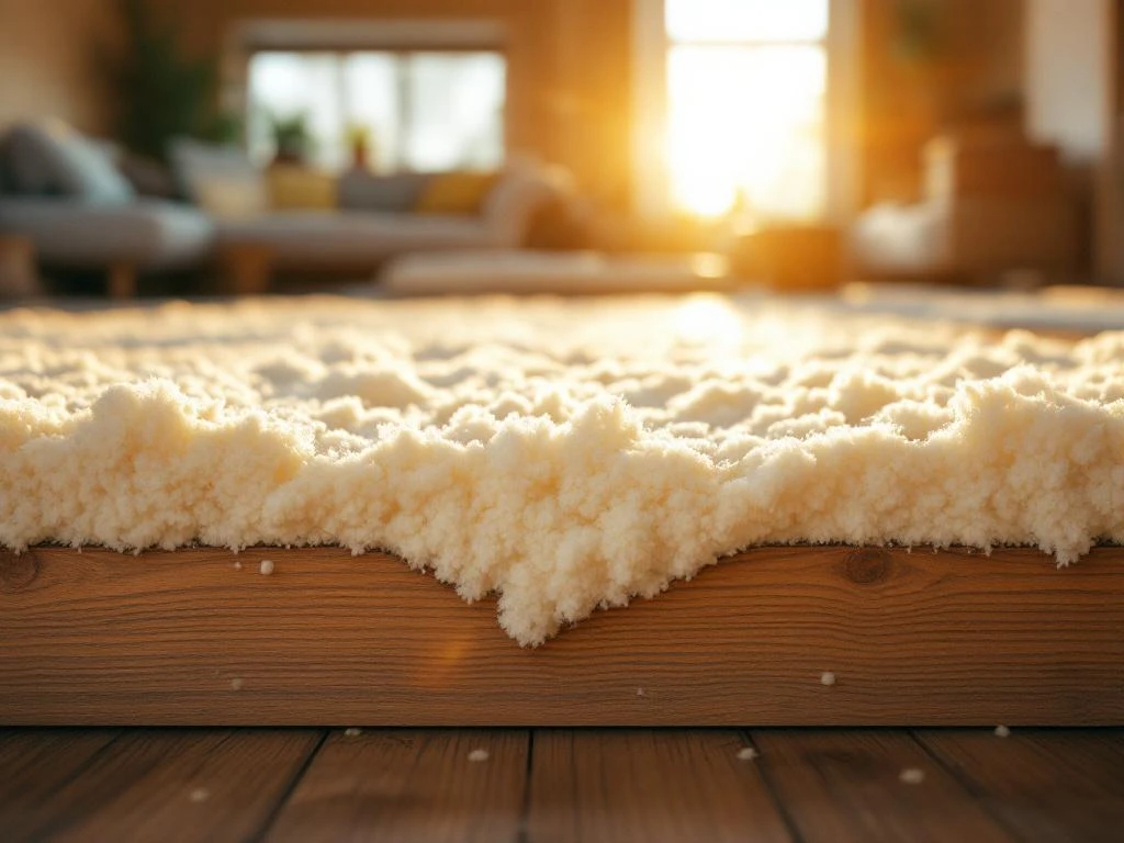 Doorsnede van houten vloer met natuurlijke wollige isolatie tussen balken, warme woonkamer erboven in zonlicht