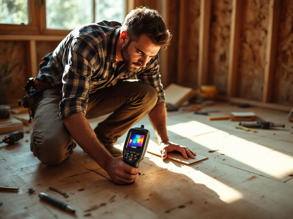 Professionele woninginspecteur gebruikt thermische camera om vloerverwarming te controleren, gereedschap en isolatiemateriaal zichtbaar