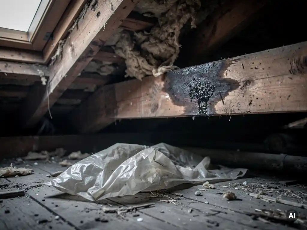 Verouderde zolderruimte met loszittende dakisolatie, vochtplekken op houten spanten en gekreukeld dampscherm op stoffige vloerplanken.