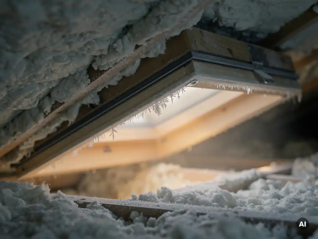 Lichtjes openstaand zolderluik met tochtstrip in geïsoleerd schuin plafond, vorstsporen op houten rand, warme amber gloed van beneden.