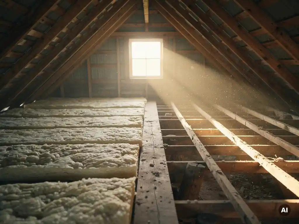 Zoldervloer met isolatiemateriaal aan één kant en kale dakspanten aan de andere kant, warm licht door een gevelraam.