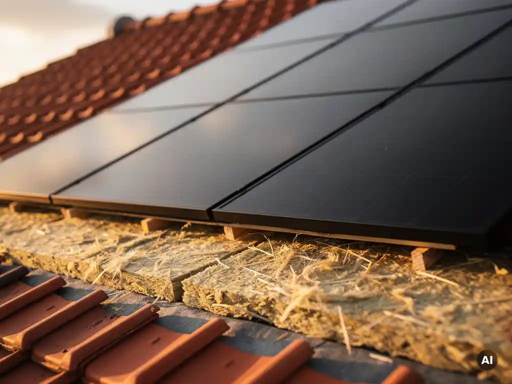 Zonnepanelen op geïsoleerd hellend dak van Nederlandse woning, gouden middaglicht weerspiegeld op donkere panelen, terracotta dakpannen op de voorgrond.